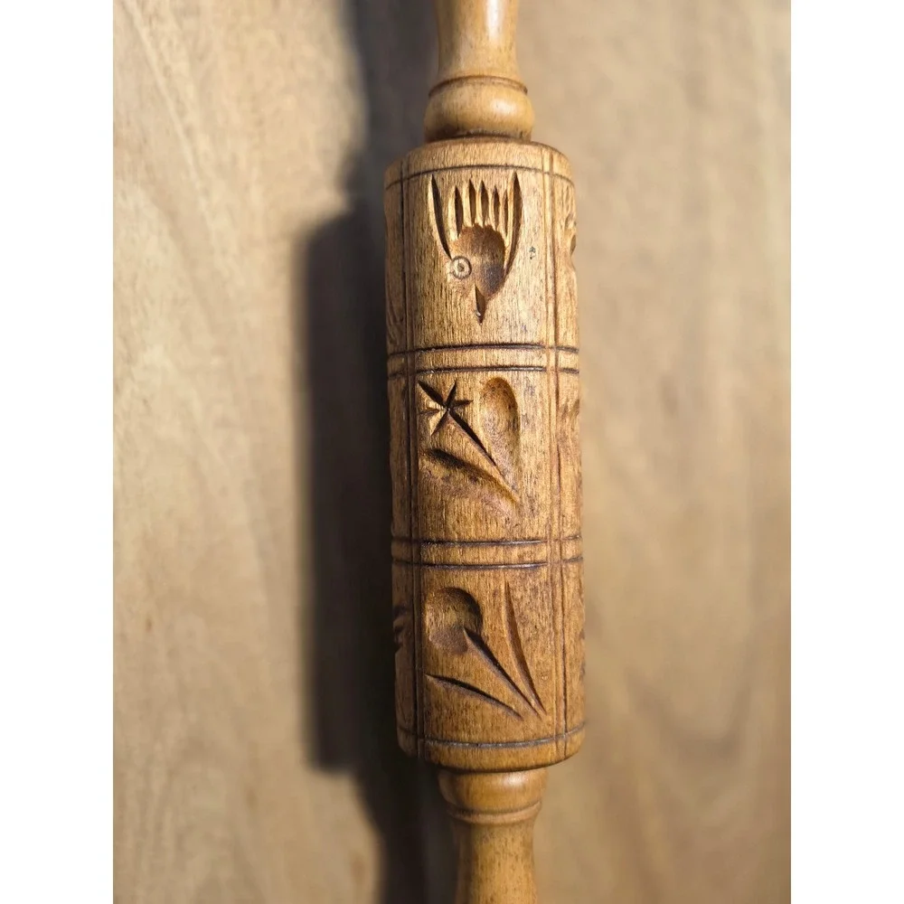 Vintage Hand Carved Wooden Springerle Rolling Pin Owl Star Folk Art Cookie Stamp